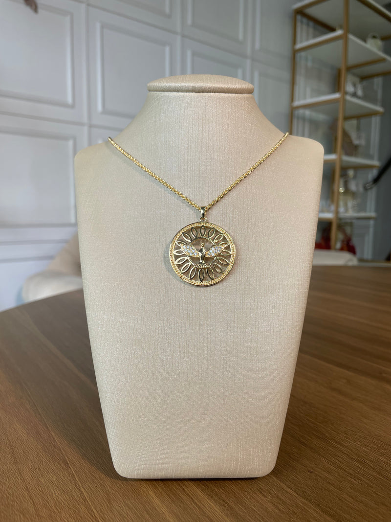 Colar Espírito Santo cordão baiano + pingente mandala cravejada em zircônia semijoia banhado no ouro 18k.