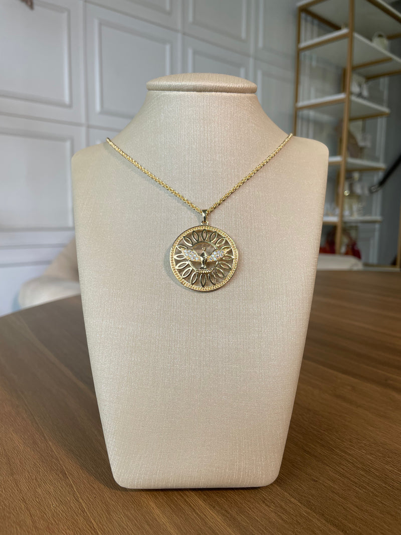 Colar Espírito Santo cordão baiano + pingente mandala cravejada em zircônia semijoia banhado no ouro 18k.