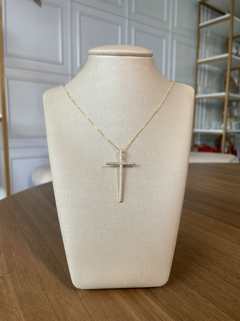 Colar + pingente cruz cravejado todo em zircônia Semijoia banhado no ouro 18k