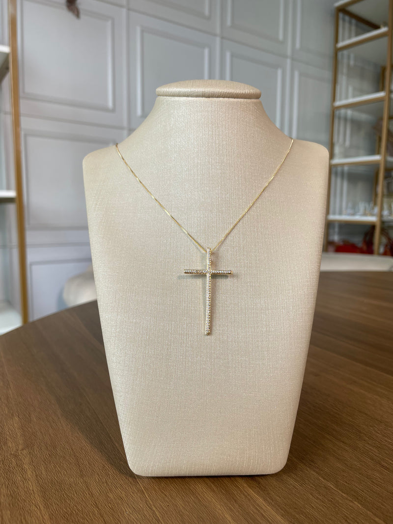 Colar + pingente cruz cravejado todo em zircônia Semijoia banhado no ouro 18k