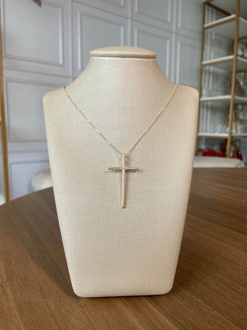Colar + pingente cruz cravejado todo em zircônia Semijoia banhado no ouro 18k